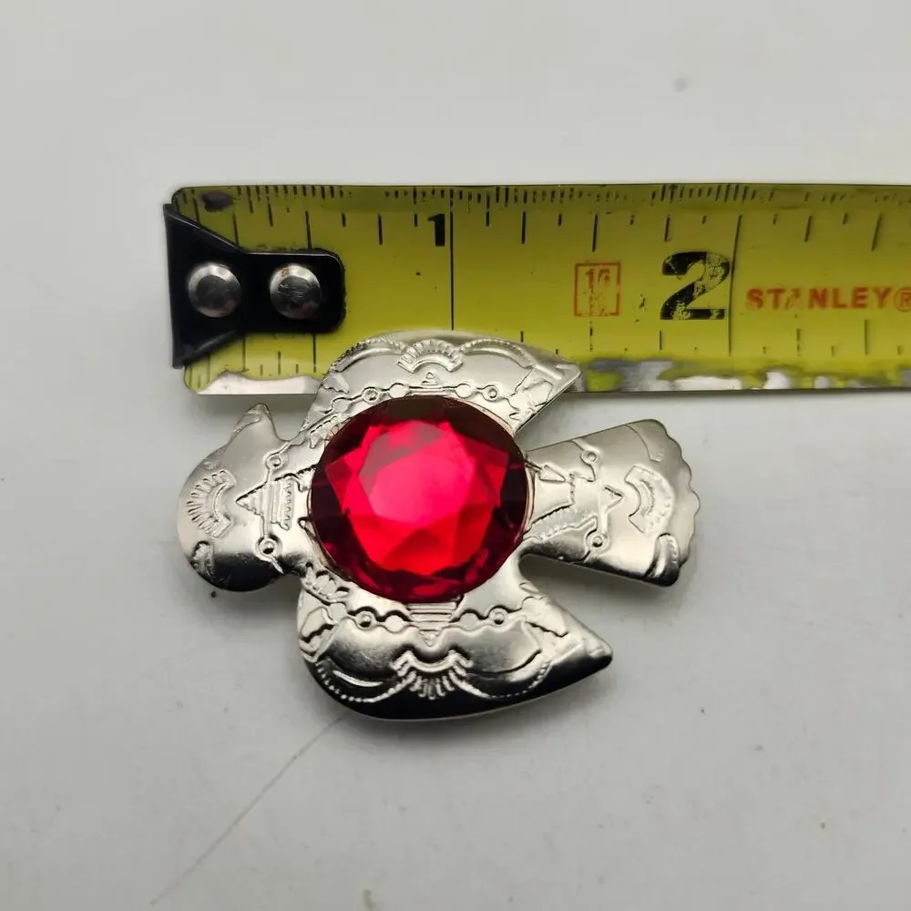 Southwestern Thunderbird Button Cover Red Faceted Rhinestone Silver Tone